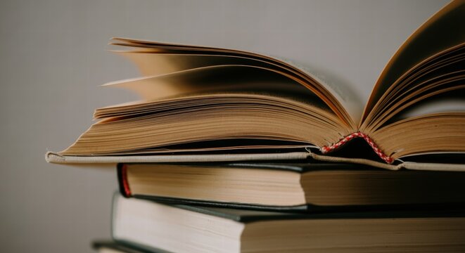 Open hardcover book on stack of books - Powered by Adobe