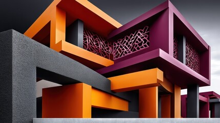 Obraz premium Abstract Modern Architecture Building Exterior Design Orange Purple Black Geometric Shapes