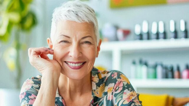 Confident Female Salon Owner With Short Gray Hair Smiling In Trendy Nail Studio Interior. Concept Of Small Business Empowerment, Ageless Beauty, Modern Entrepreneurship, And Wellness Industry