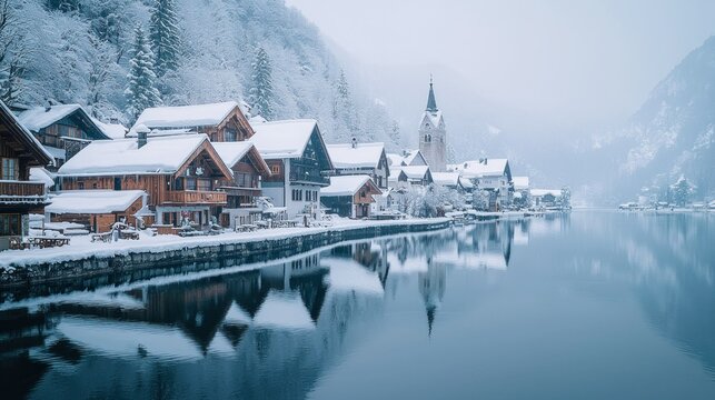 Snowy Alpine Village Reflecting on Lake