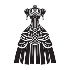Edgy Steam-Punk Dress silhouette, industrial style meets elegance – Steam-Punk Dress illustration – Minimalist Steam-Punk Dress vector – Ladies dress silhouette

