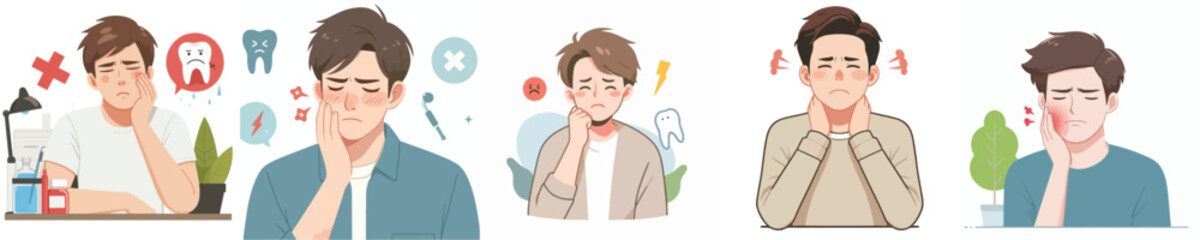 flat design vector collection of a young man with toothache