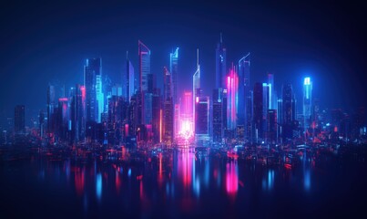 Fototapeta premium Futuristic city skyline illuminated by neon lights reflecting on water surface