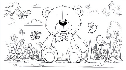 Cute Cartoon Teddy Bear Coloring Page with Flowers, Butterflies and Nature Elements for Kids