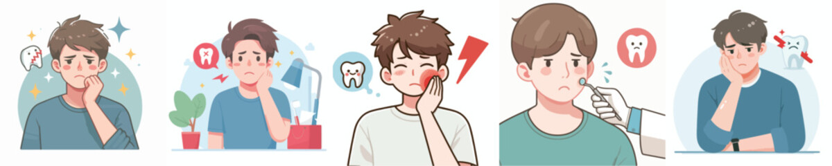 flat design vector collection of a young man with toothache