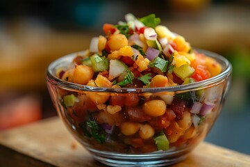 a close up short of a glass bowl containing channa chatt