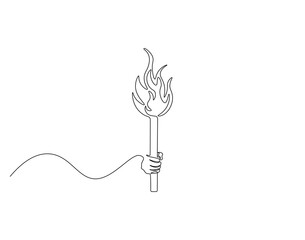 Torch outline drawing illustration. Continuous line draw of bright torch vector.