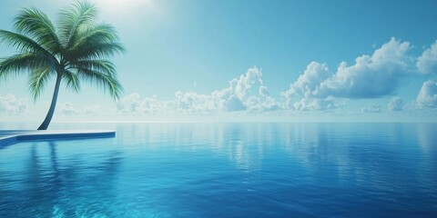 Serene tropical landscape with palm tree and tranquil blue ocean under clear sky