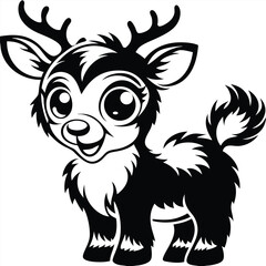 Cute Reindeer Standing Isolated, Black And White Animal Character, Art, Antlers