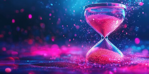Colorful hourglass with pink sand and sparkling particles in vibrant blue background