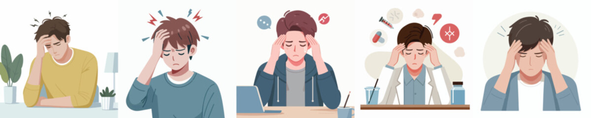 collection of flat design vectors of a young man having a headache