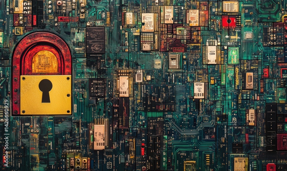 Poster digital security lock on circuit board background representing cybersecurity and technology