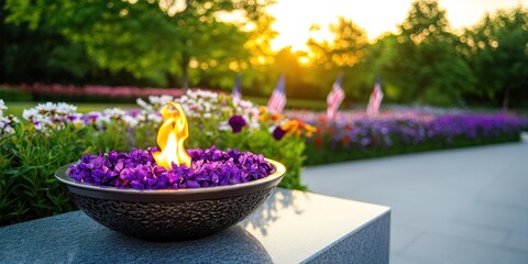 Eternal Flame at Veterans' Memorial with Flowers and Flags Nearby
