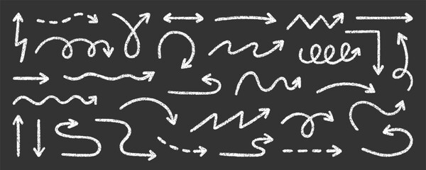 Chalk pencil arrows doodle set. Crayon swirls, direction pointers in sketch style, Grunge texture. Hand drawn vector illustration isolated on black background