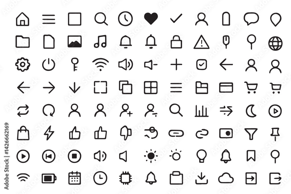 Poster minimalist icon set: a comprehensive collection of minimalist icons, meticulously designed in a vect