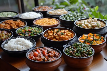 Fototapeta premium Indian Buffet with Variety of Traditional Dishes in Stainless Steel Serving Bowls