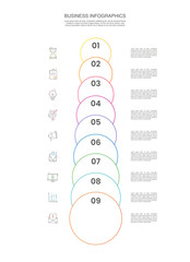 Vector timeline infographics template with nine circles and options. Blank space for web, infographic, diagram, business, digital network, flowchart, presentations