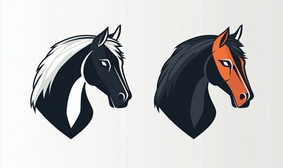 Stylized horse head illustrations featuring black and orange designs with contrasting manes