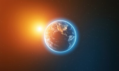 Fototapeta premium Earth illuminated by sunlight in space with glowing atmosphere and starry background