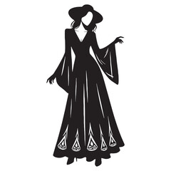 Majestic Witchy Maxi Dress silhouette, commanding presence in every step – Witchy Maxi Dress illustration – Minimalist Witchy Maxi Dress vector – Ladies dress silhouette

