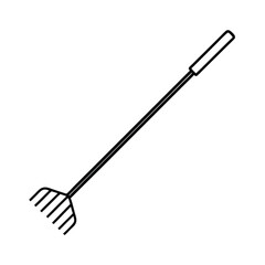 Minimalist black outline of a garden rake tool on white background for farm work