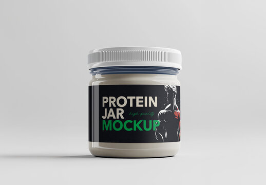 Protein Jar Mockup &ndash; Realistic Supplement Container with Illustrated Muscleman Label for Fitness and Sports Nutrition Packaging