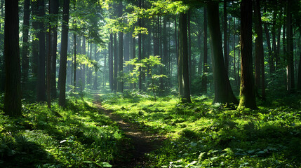 Fototapeta premium Green Forest Path With Sunlight