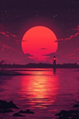 Obraz premium Scarlet Sunset on Tranquil Waters A Lighthouse Silhouette