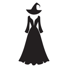Enigmatic Witchy Maxi Dress silhouette, draped in dark sophistication – Witchy Maxi Dress illustration – Minimalist Witchy Maxi Dress vector – Ladies dress silhouette


