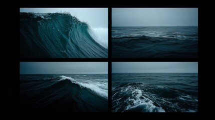 Ocean waves unfolding across horizontal panels creating a serene seascape and calming water motion illustration style
