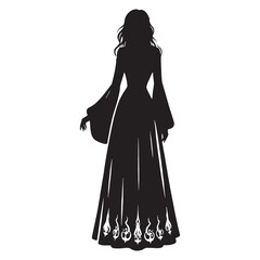 Dark elegance Witchy Maxi Dress silhouette, perfect for spellbinding nights – Witchy Maxi Dress illustration – Minimalist Witchy Maxi Dress vector – Ladies dress silhouette


