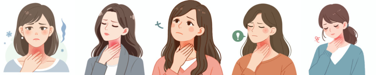 flat design vector collection of a young woman with a sore throat