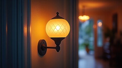 Illuminated wall-mounted globe light fixture in a hallway.