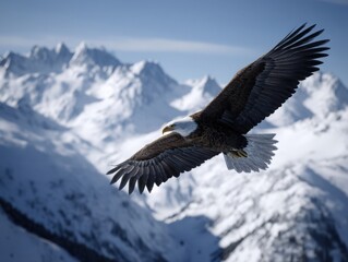 Obraz premium Majestic bald eagle soaring over snow-capped mountains, symbolizing freedom and power. Perfect for wildlife documentaries, travel brochures, and patriotic themes.