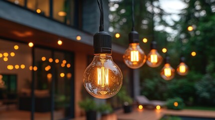 Illuminated Edison bulbs hang outdoors at night, illuminating a modern home's backyard patio.