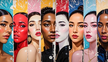 The artwork showcases a powerful juxtaposition of faces from different backgrounds, each depicting a range of emotions and identities