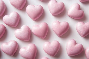 Obraz premium Close-up of pink heart-shaped candies with a soft, sugary texture, creating a sweet and playful atmosphere
