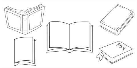 Black and White Book Clipart Set &ndash; Outline Illustrations of Open and Closed Books