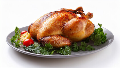 roast chicken with garnish on a plate and on a white background generative ai