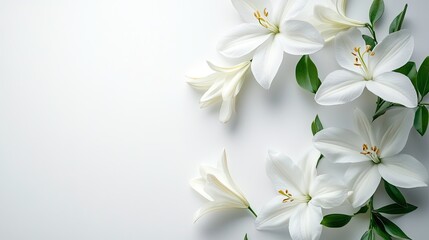 Obraz premium Elegant white lily flowers arrangement on horizontal pure white background studio photography
