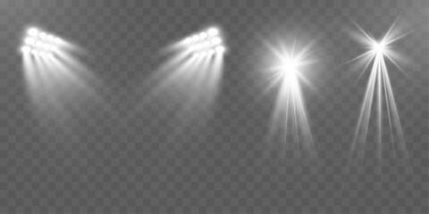 Realistic transparent spotlight effects set. Stage lighting, concert, show, stadium, theater illumination. Bright glow, beams, lens flare, shine, studio, photography light.	

