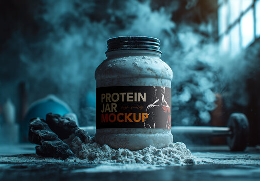 Protein Jar Mockup with Powder Explosion &ndash; Dynamic Gym Scene for Supplement and Fitness Branding