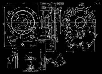 Gearbox cover with threaded bolts.
Engineering mechanical drawing of steel device
with dimension lines. Industrial 
cad scheme. Technology background
of machine building industry. Machined template.