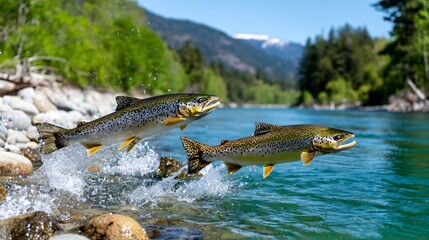 Brown trout leaping above clear river surface amidst lush greenery and mountain scenery