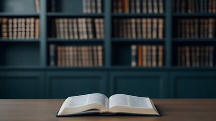 Open Book on Wooden Table with Blurred Bookshelf Background, Literary Wisdom Theme