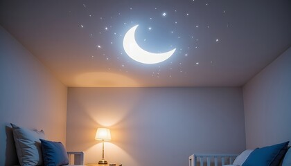 Soft, glowing lights adorn the ceiling of the baby room, casting a warm and calming glow that mimics the stars and moon above