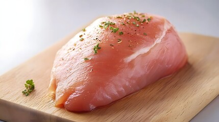 Raw Chicken Breast on Wooden Board with Fresh Herbs