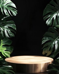 Wooden Display Platform Framed by Lush Monstera Leaves