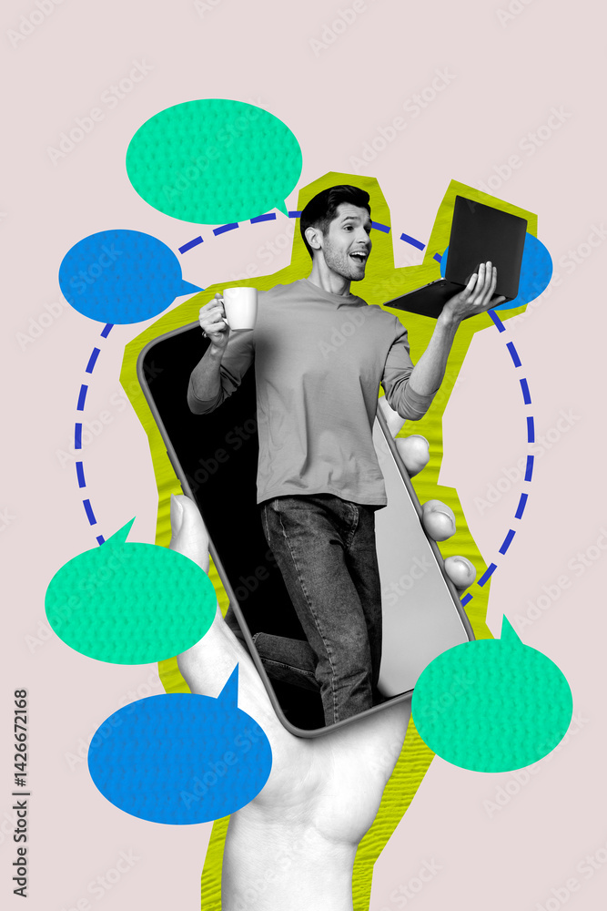 Poster sketch art 3d creative image collage of happy girl guy hold laptop message bubble communication chat