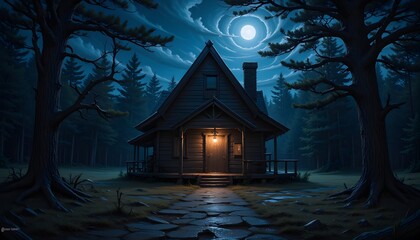 The spooky wooden cabin is enveloped by the looming shadows of the dense pine forest, its twisted branches swaying eerily in the moonlit night